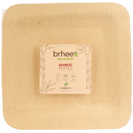Brheez Disposable Square Plates - 100% Compostable, Biodegradable Bamboo, 10", 25-pack