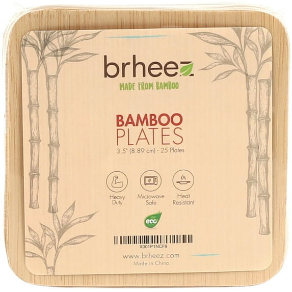 Brheez Disposable Square Plates - 100% Compostable, Biodegradable Bamboo, 3.5", 25-pack
