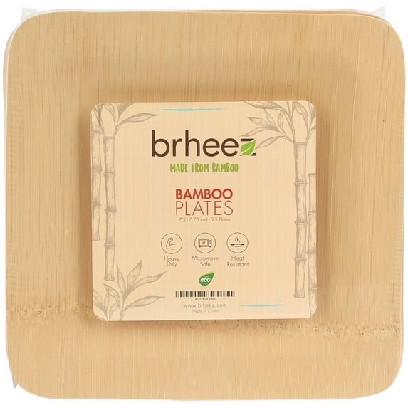 Brheez Disposable Square Plates - 100% Compostable, Biodegradable Bamboo, 7", 10-pack