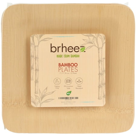 Brheez Disposable Square Plates - 100% Compostable, Biodegradable Bamboo, 7", 25-pack
