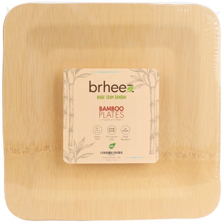 Brheez Disposable Square Plates - 100% Compostable, Biodegradable Bamboo, 9", 10-pack