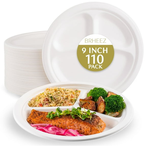 Brheez Heavy Duty Round 3-Compartment Disposable Plates - 100% Biodegradable & Compostable Sugarcane, 9", 110-pack