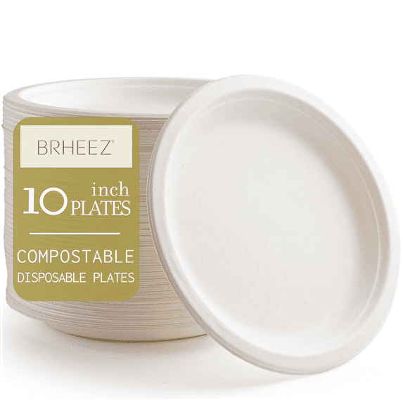 Brheez Heavy Duty Round Disposable Plates - 100% Biodegradable Compostable Sugarcane, 10", 110-pack