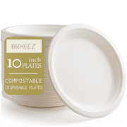 Brheez Heavy Duty Round Disposable Plates - 100% Biodegradable Compostable Sugarcane, 10", 60-pack