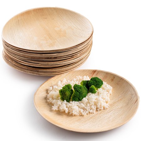 Brheez Round Heavy Duty Bamboo-Look Disposable Plates - 100% Biodegradable, Compostable Palm Leaf, 12", 25-pack