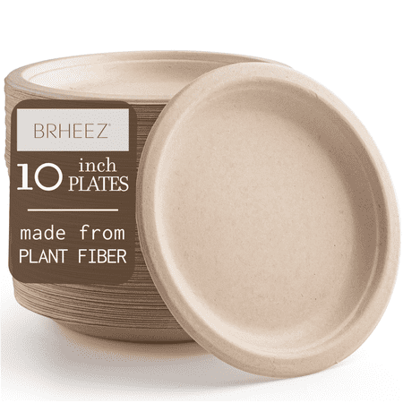 Brheez Round Heavy Duty Disposable Plates - Biodegradable, Compostable, 10", 60-pack
