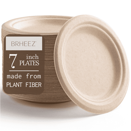 Brheez Round Heavy Duty Disposable Plates - Biodegradable, Compostable, 7", 60-pack
