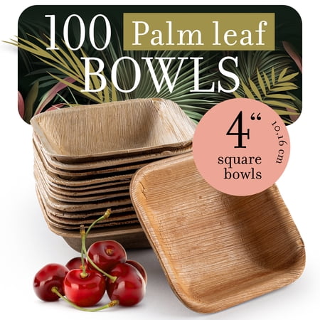 Brheez Square Bamboo-Look Disposable Bowls - Biodegradable and Compostable Palm Leaf, 4", 100-pack