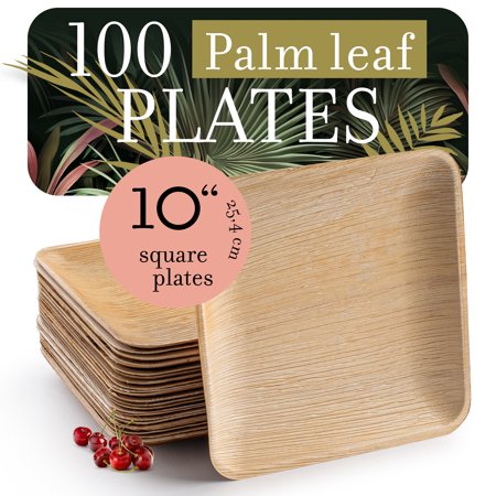 Brheez Square Bamboo-Look Disposable Plates - Biodegradable and Compostable Palm Leaf, 10", 100-pack