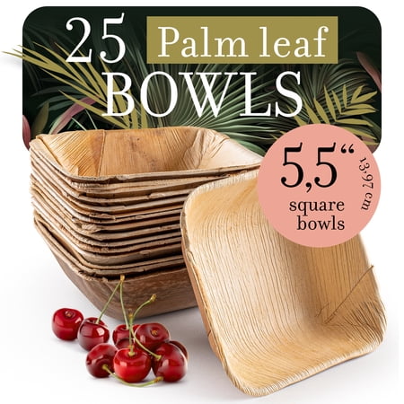 Brheez Square Heavy Duty Bamboo-Look Disposable Bowls - Biodegradable and Compostable Palm Leaf, 5.5" (16 oz), 25-pack