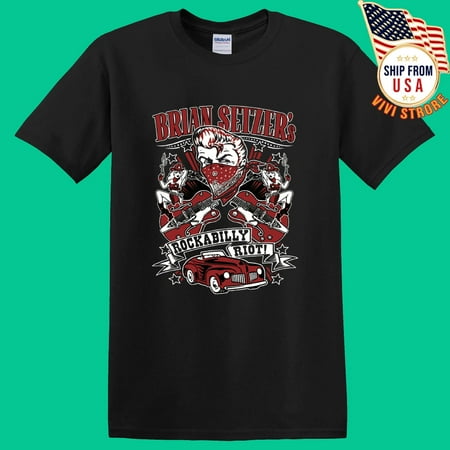 Brian Setzer Riot 2 Men's Black T-Shirt Size S - 5XL