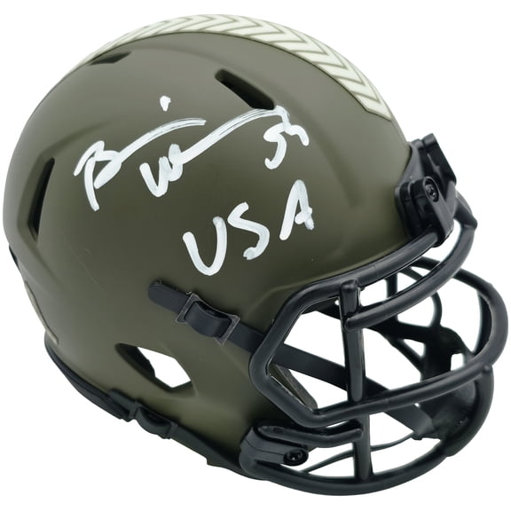 Brian Urlacher Autographed Chicago Bears Army Green 2022 Salute To Service Speed Mini Helmet "USA" Beckett BAS Witness Stock #261926