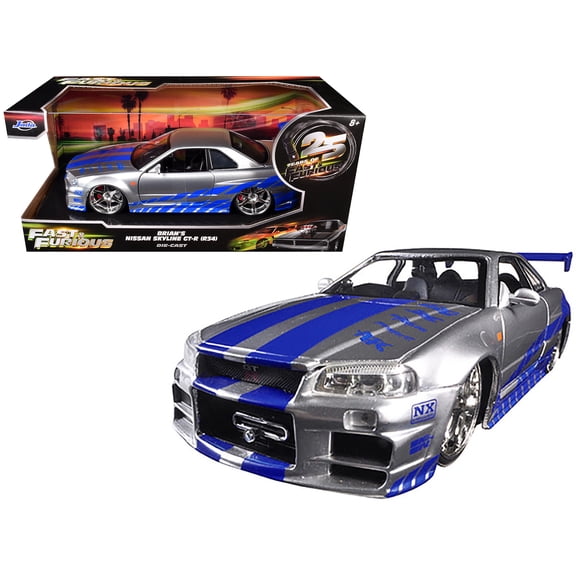 Brian's Nissan GTR Skyline R34 RHD (Right Hand Drive) Silver with Blue Stripes "Fast & Furious 25th Anniversary" 1/24 Diecast Model Car by Jada