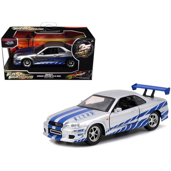 Brian's Nissan Skyline GT-R (R34) RHD Silver Metallic with Blue "Fast & Furious 25th Anniversary" 1/32 Diecast Car Model by Jada