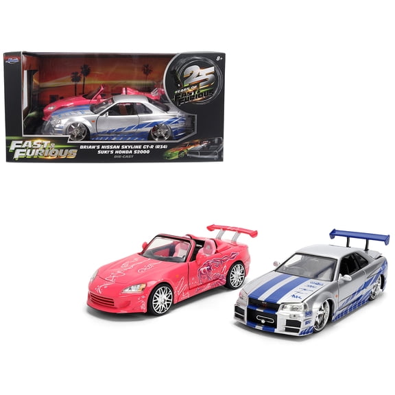 Brian's Nissan Skyline GT-R (R34) Silver Metallic w/Blue & Suki's Honda S2000 Pink with Graphics 1/24 Diecast Model Cars by Jada