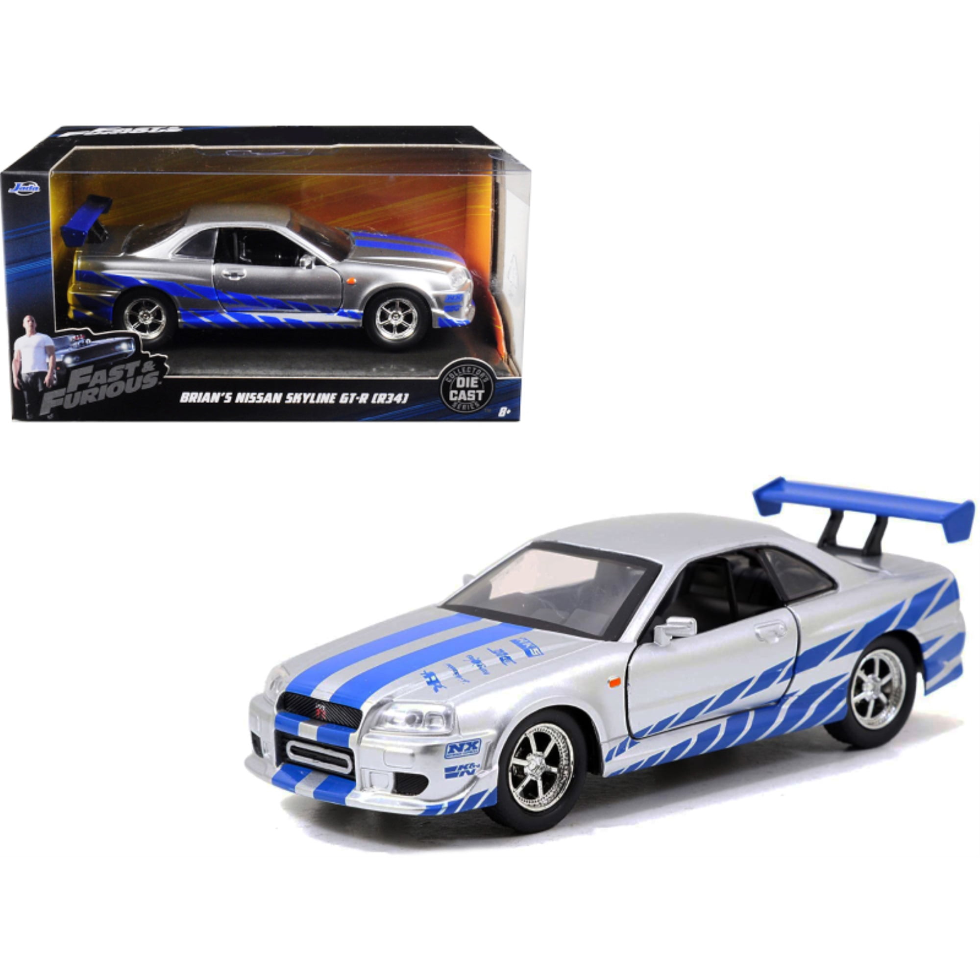 Brian's Nissan Skyline GT-R (R34) Silver with Blue Stripes Fast & Furious  Movie 1/32 Diecast Model Car by Jada