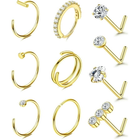 Briana Williams 10PCS 20G Nose Rings Hoops Stud 316L Stainless Steel Nose Rings CZ Nose Screw Studs
