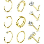 Briana Williams 10PCS 20G Nose Rings Hoops Stud 316L Stainless Steel Nose Rings CZ Nose Screw Studs