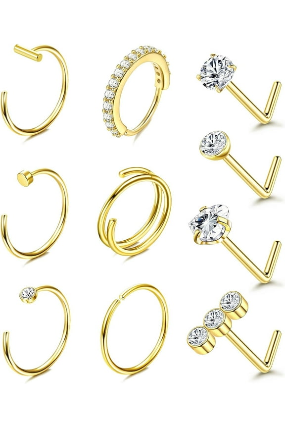 10PCS 20G Nose Rings Hoops Stud 316L Stainless Steel Nose Rings CZ Nose Screw Studs