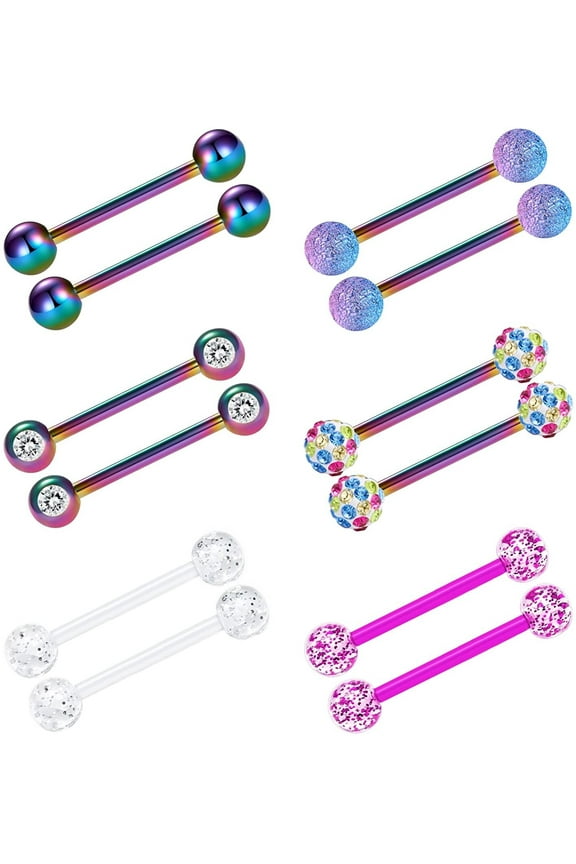 14G 6 Pairs Nipple Rings Tongue Ring 5/8" Surgical Steel Body Piercing Jewelry