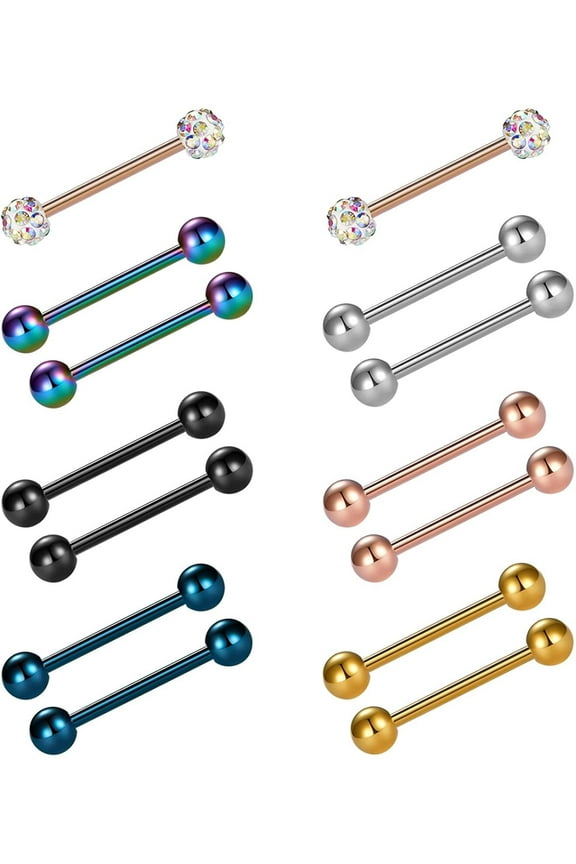 14pcs 14G 12mm Tongue Rings Nipple Straight Barbells Surgical Steel Body Piercing Jewelry