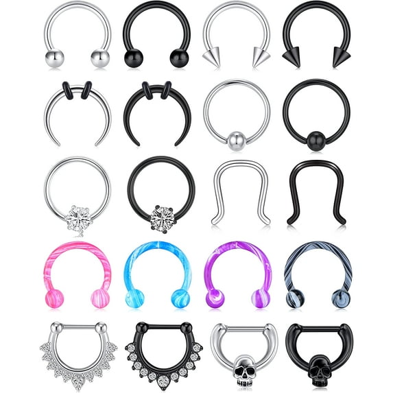 Briana Williams 16G Surgical Steel Horseshoe Septum Rings Set, 20PCS