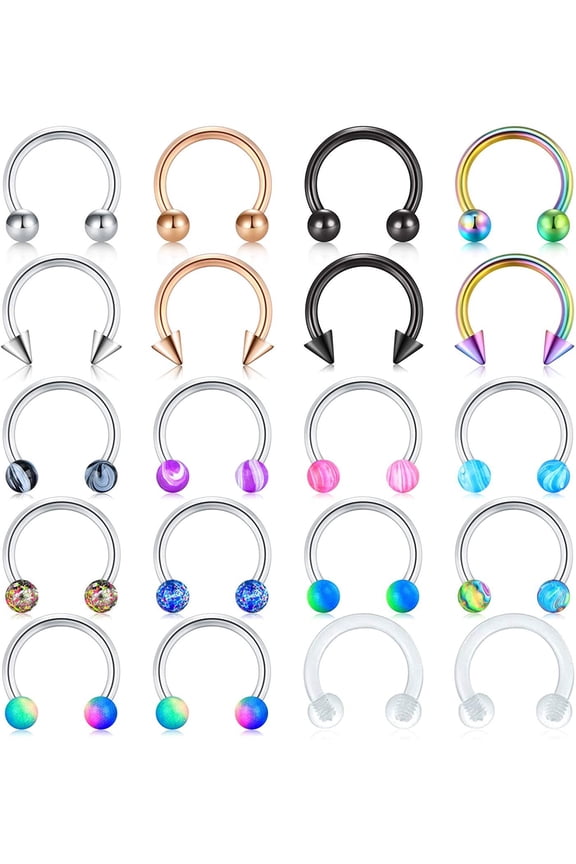 16G Colorful Horseshoe Hoop Body Piercing Jewelry Set, 20 Pieces