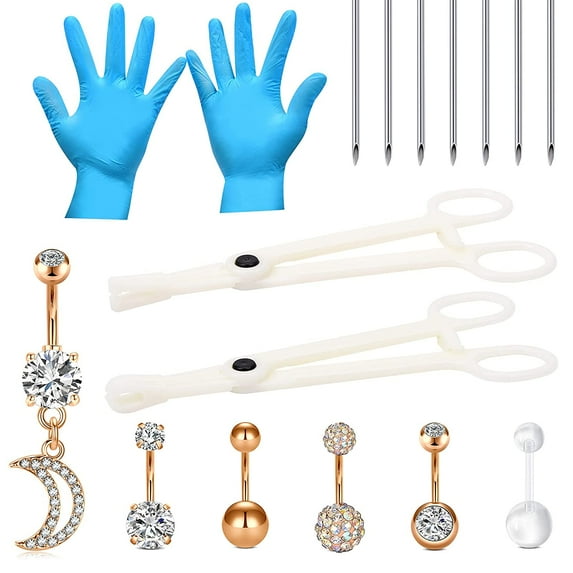 Briana Williams Belly Button Stainless Steel 14G Needles and Disposable Piercing Clamps Set, (16PCS)