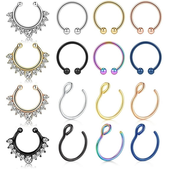 Briana Williams 16g/20g Surgical Steel Fake Nose Rings Set, Septum, 16PCS