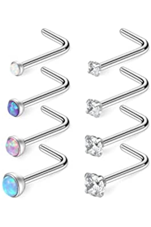 18G Opal & Clear CZ Nose L-Shaped Rings Studs Ring Body Piercing Jewelry
