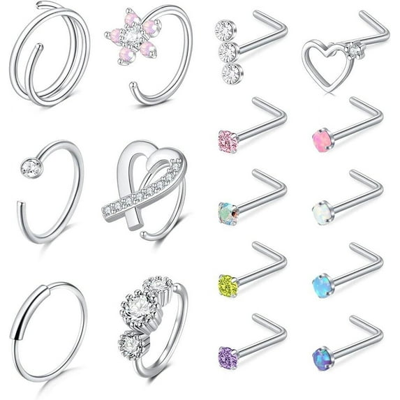 Briana Williams 18G Surgical Steel Nose Rings with L Shaped Studs, 4 Pack