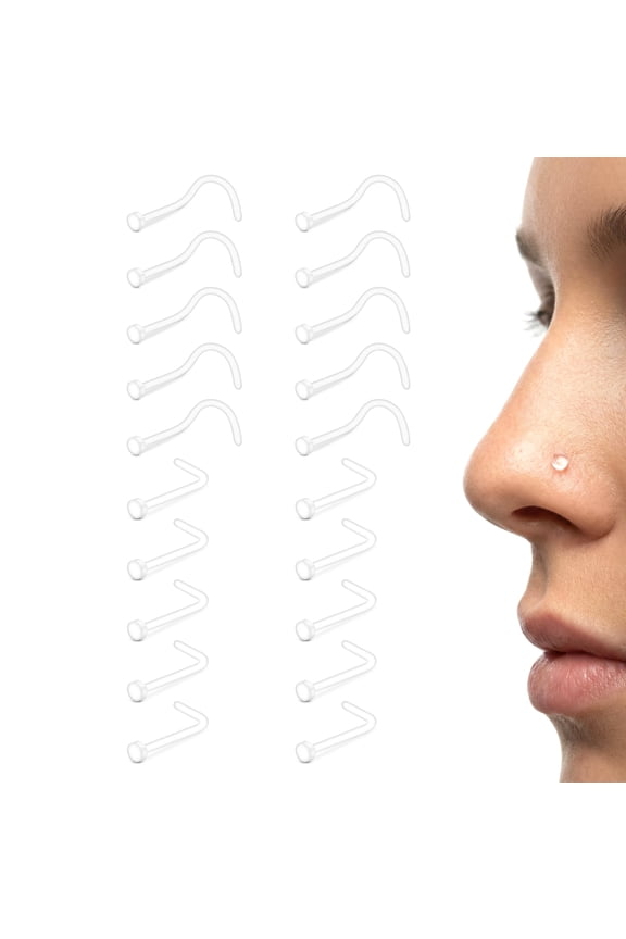 Clear Piercing Retainers,20pcs Bioflex L Shaped Corkscrew Nose Rings & Labret Studs Set