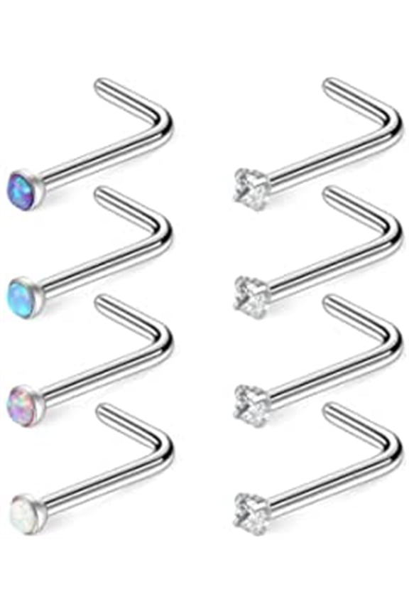 20G L-Shaped Rings Surgical Steel Jeweled Opal & Clear CZ Nose Studs Ring