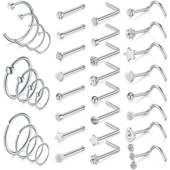Briana Williams 20G Nose Ring Hoop Surgical Steel Nose Studs Screw L-Shaped Nostril Hoops Piercing Jewelry Set for Women Men Girls Nose Rings