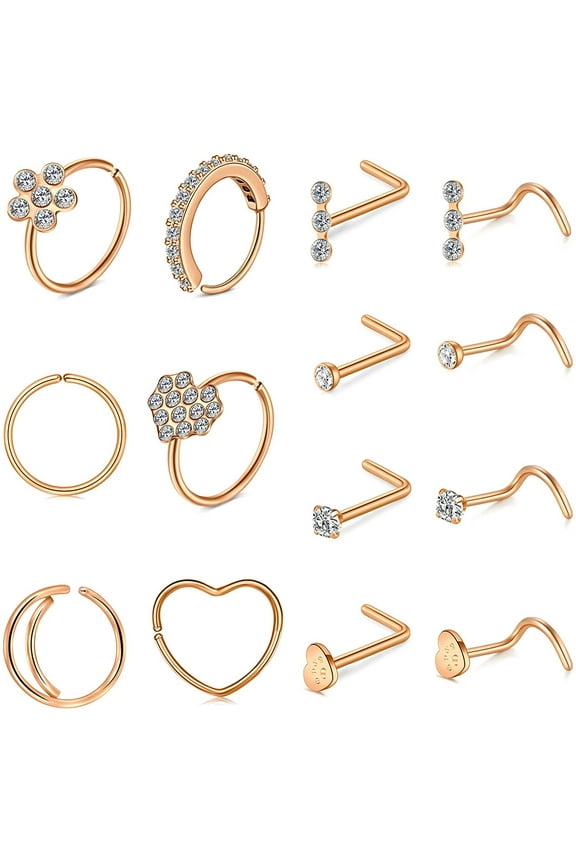 20G Screw/L Shaped Nose Rings Studs Diamond CZ Nose Ring Hoop Set