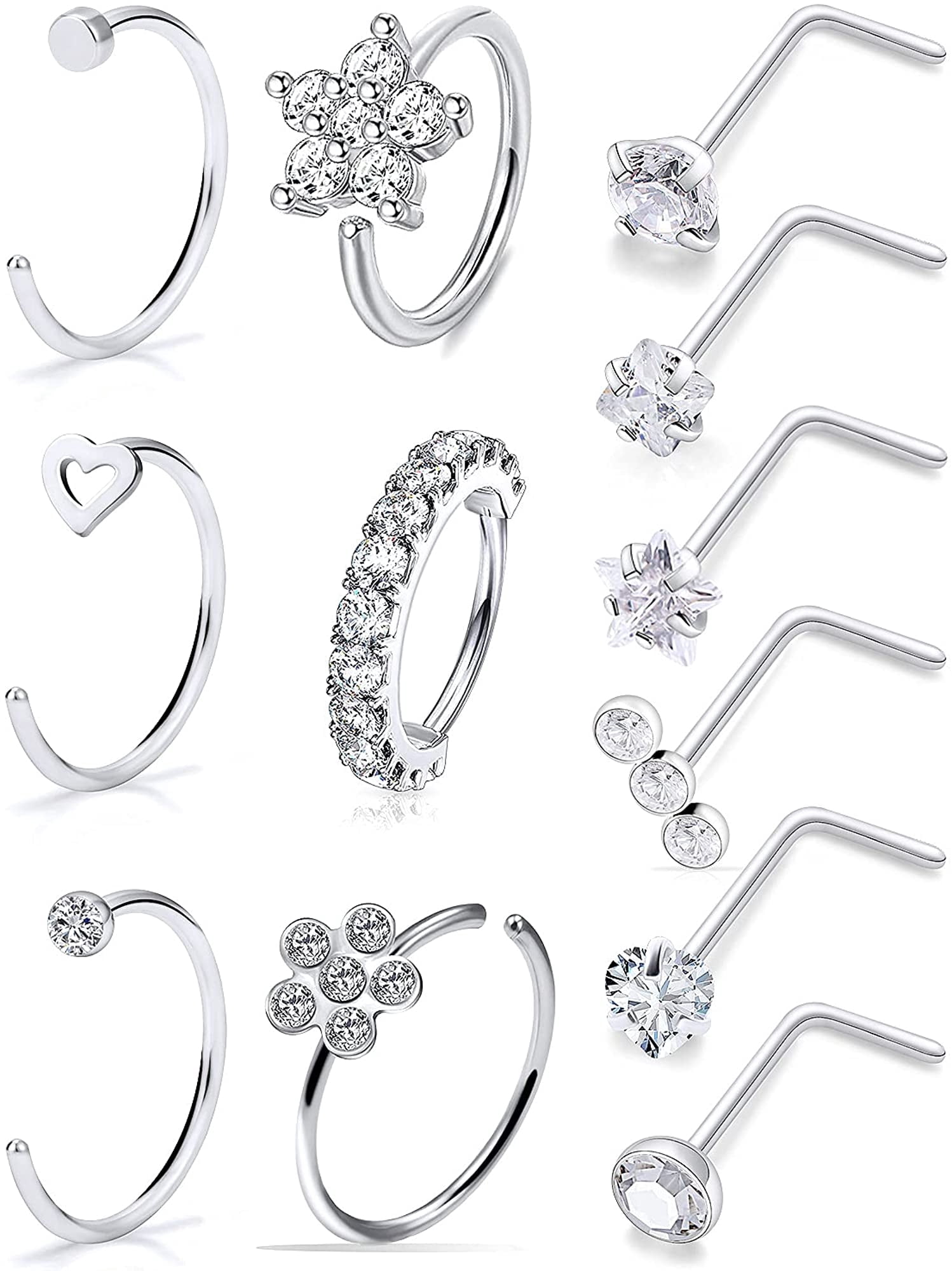 Briana Williams 6 Pezzi Colore Misto Acciaio Chirurgico 316L Anelli Perni Naso Sagomato A Forma Di L 22G 20G 18G Con 2mm CZ Piercing Gioielli - 7