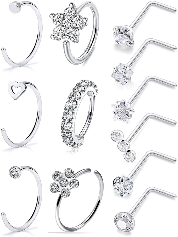 20G Surgical Steel Nose Rings Hoop Paved CZ Flower Nose Piercing Jewelry