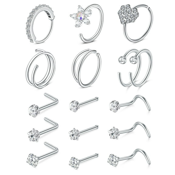 Briana Williams 20g Nose Rings Surgical Steel Heart Diamond Nose Piercing Jewelry Set for Women Men