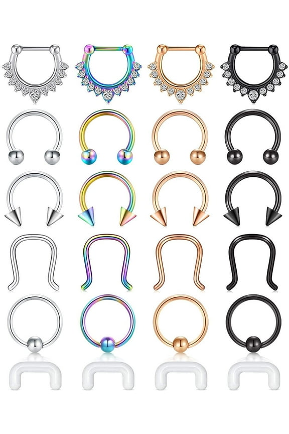 24pcs Pack 16g Nose Septum Hoop Horseshoe Ring Surgical Steel Piercing Jewery for Women Men