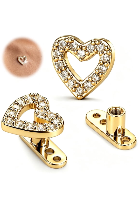 2Pcs 14G Cubic Zirconia Dermal Anchor Tops and Base Titanium Steel Heart Diamond Microdermals Body Piercings for Women Studs Punk Personalized Jewelry Gifts Gold