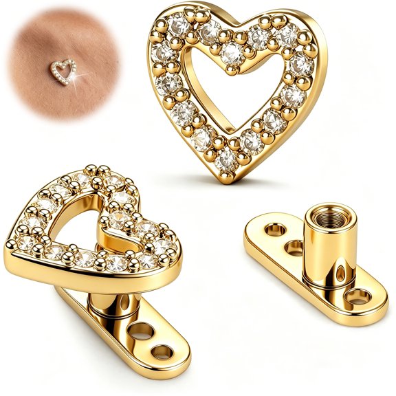 Briana Williams 2Pcs 14G Cubic Zirconia Dermal Anchor Tops and Base Titanium Steel Heart Diamond Microdermals Body Piercings for Women Studs Punk Personalized Jewelry Gifts Gold