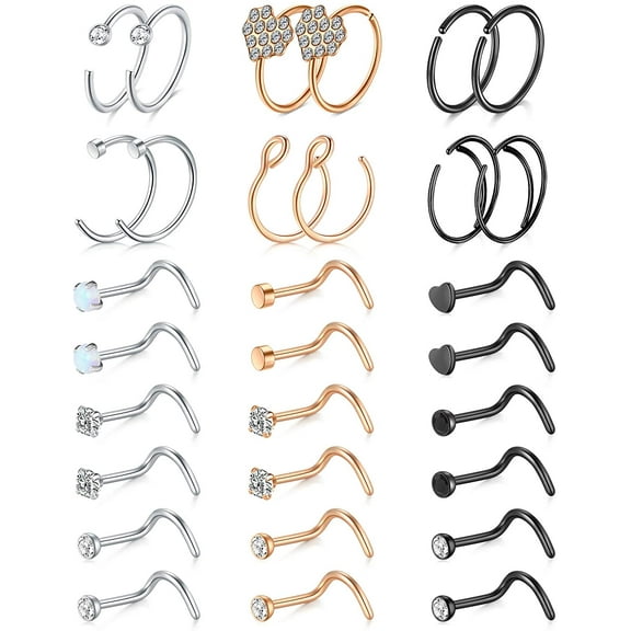 Briana Williams 30pcs 20G Nose Rings for Women Surgical Steel Hoop Nose Studs Nose Piercing Jewelry