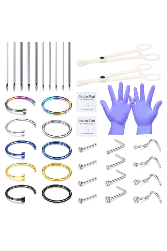 46Pcs Ear Nose Lip Piercing Kit - 20G 18G Professional Colorful for 316L Steel Needles Clamps