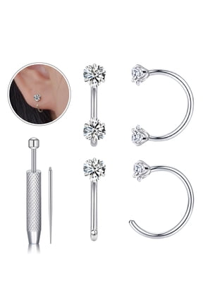 4PCS 18G Internally Threaded Horseshoe Nose Rings Septum Ring Lip Studs Set with Insertion Pin & Grabber Tool, Heart CZ, Silver