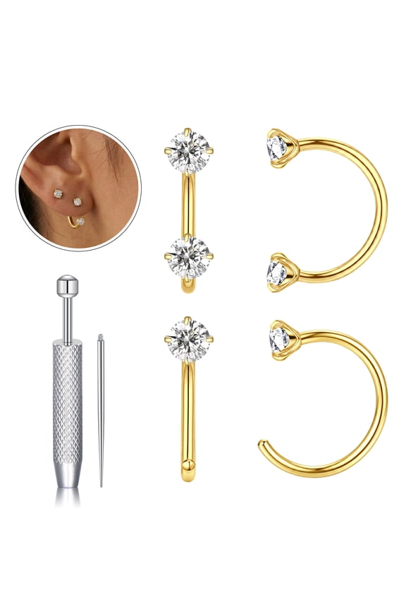 4PCS 18G Internally Threaded Horseshoe Nose Rings Septum Ring Lip Studs Set with Insertion Pin & Grabber Tool, Round CZ, Gold