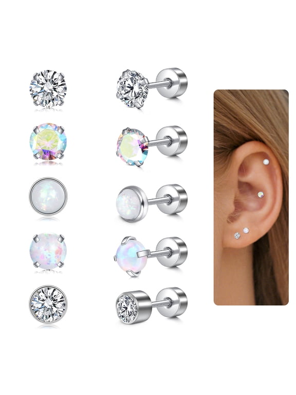 5 Pairs Surgical Steel Flat Back Earrings for Women Men Cartilage Stainless Steel Earrings Stud
