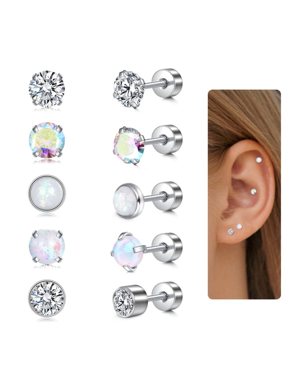5 Pairs Surgical Steel Flat Back Earrings for Women Men Cartilage Stainless Steel Earrings Stud