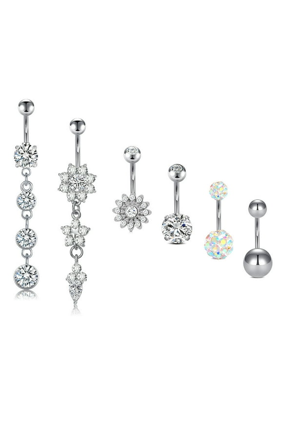 6PCS 14G Belly Button Piercing Ring for Women Girls,CZ Inlaid Stainless Steel Dangle Belly Button Rings with Long Bar Dangle Curved Navel Rings Belly Ring