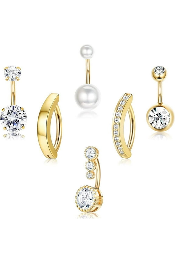 6Pcs Belly Button Rings,Surgical Steel Belly Rings for Women Pearl Sparkling CZ Clicker Piercing Jewelry Navel Piercings Pack,Gold