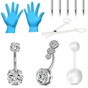 BRIANA WILLIAMS Body Piercing kit, 14G 316L Stainless Steel Silver Belly Button Ring with 12G Piercing Needles and Piercing Clamps Body Piercing Tool